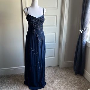 Size L. Navy Beaded Evening Dress.